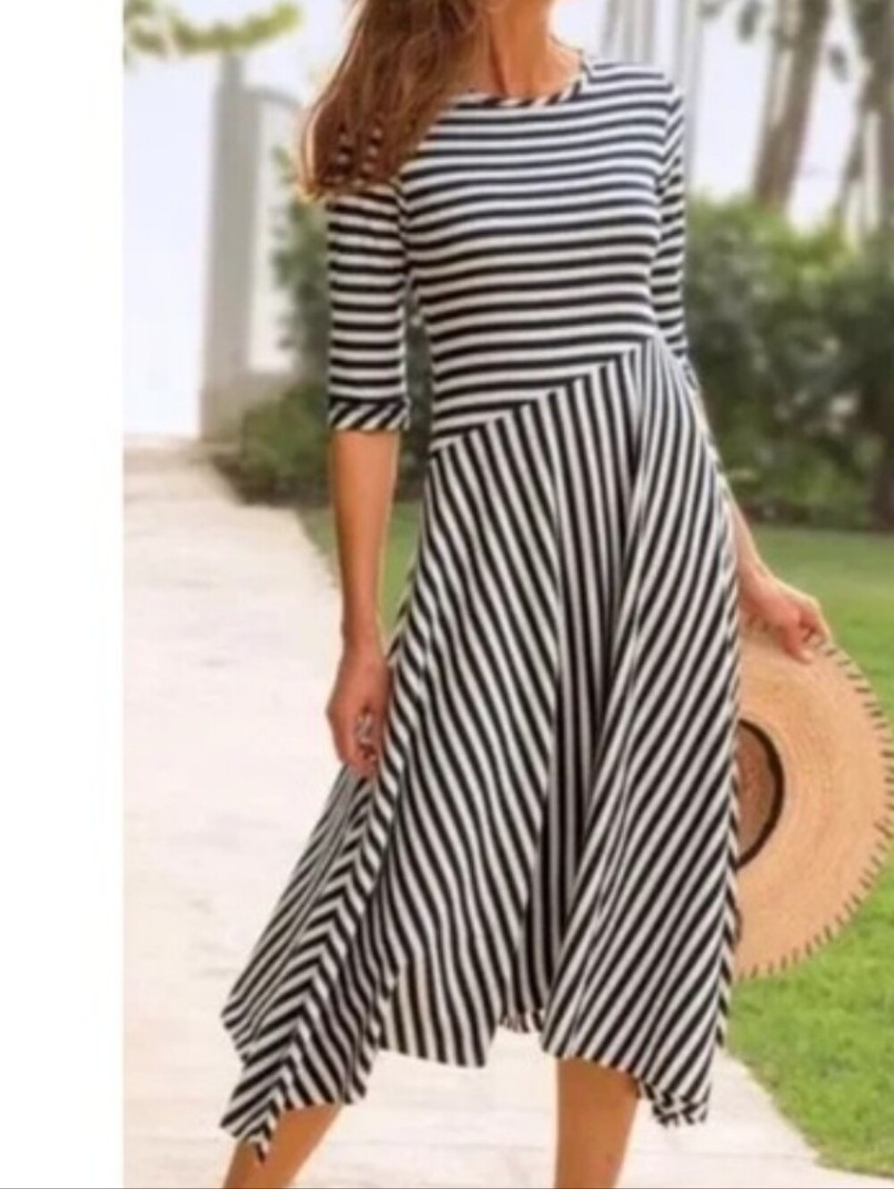 Soft Surroundings Ribbed Jersey Knit Asymmetrical Dress Blue White Stripe XL